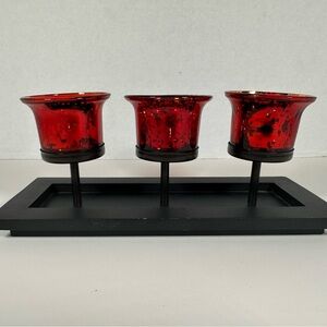 Red Mercury Glass Triple Tea Light Candle Holder Set Tray with Rocks